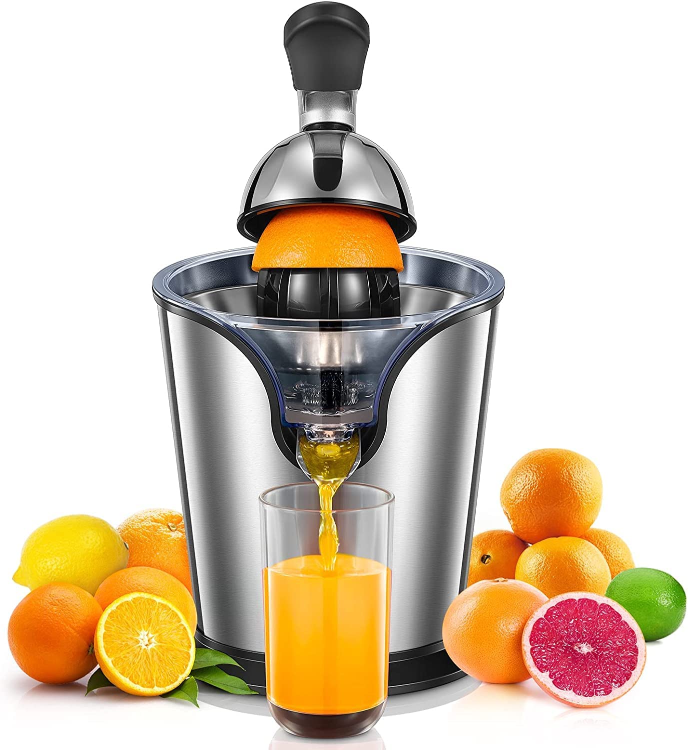 FOHERE Citrus Juicer Electric Orange Juicer Squeezer with Humanized Handle, Powerful 160W Silent Motor Stainless Steel BPA-Free, Two Size Cones for Grapefruits, Orange and Lemon, Silver