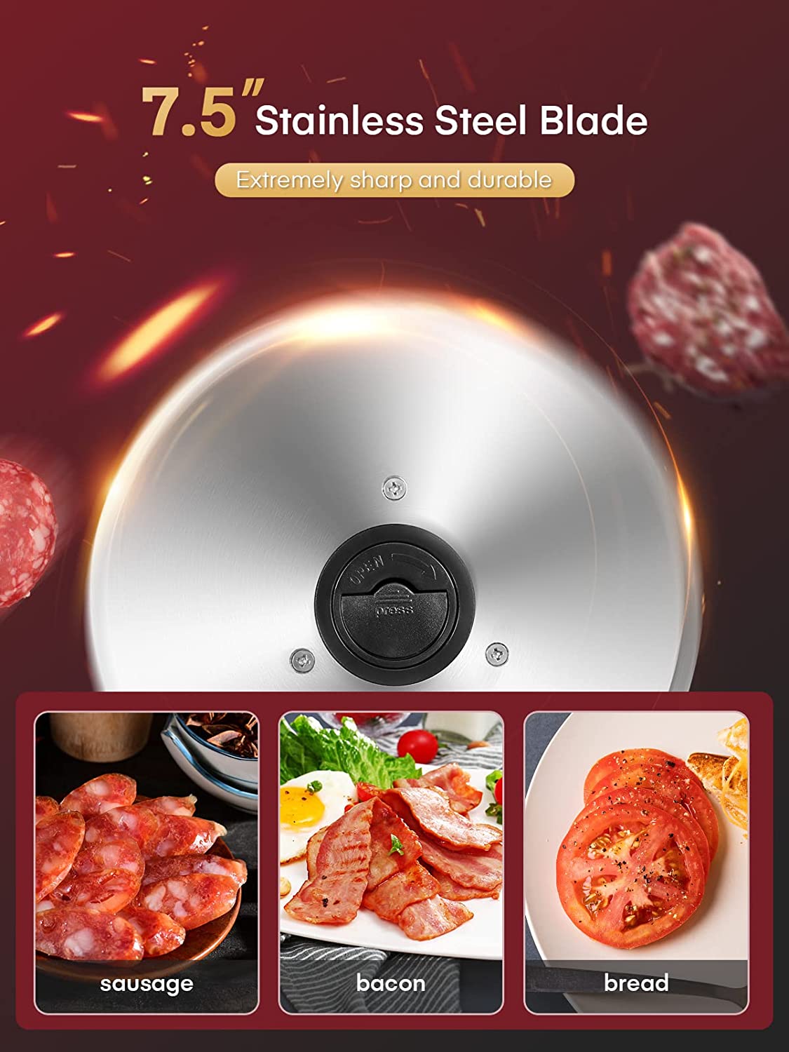 7.5'' stainless steel blade, Meat Slicer 200 Watt for Home Use, Electric Food Slicer with “Two” Upgrade 7.5" Sharp Stainless Steel Blade(Serrated + Smooth) & 0-15mm Precise Thickness Cut Deli Food, Meat, Bread, Fruit, Vegetable