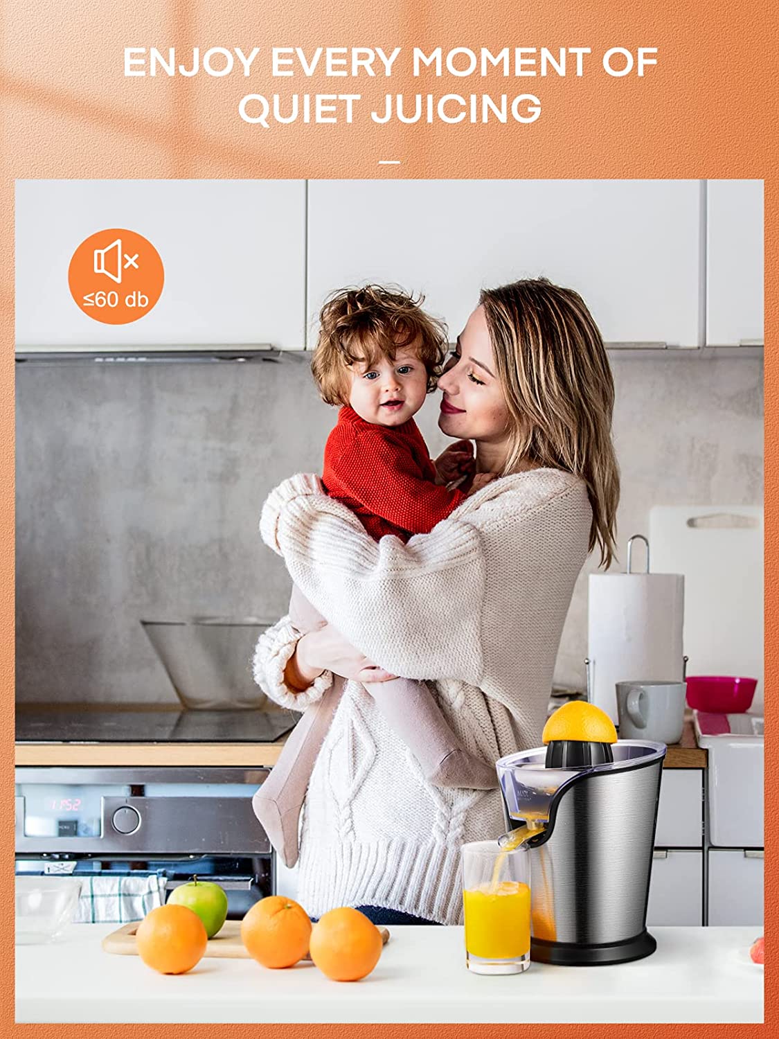 enjoy every moment of quiet juicing, FOHERE Orange Juice Squeezer Electric Citrus Juicer with Two Interchangeable Cones Suitable for orange, lemon and Grapefruit, Brushed Stainless Steel