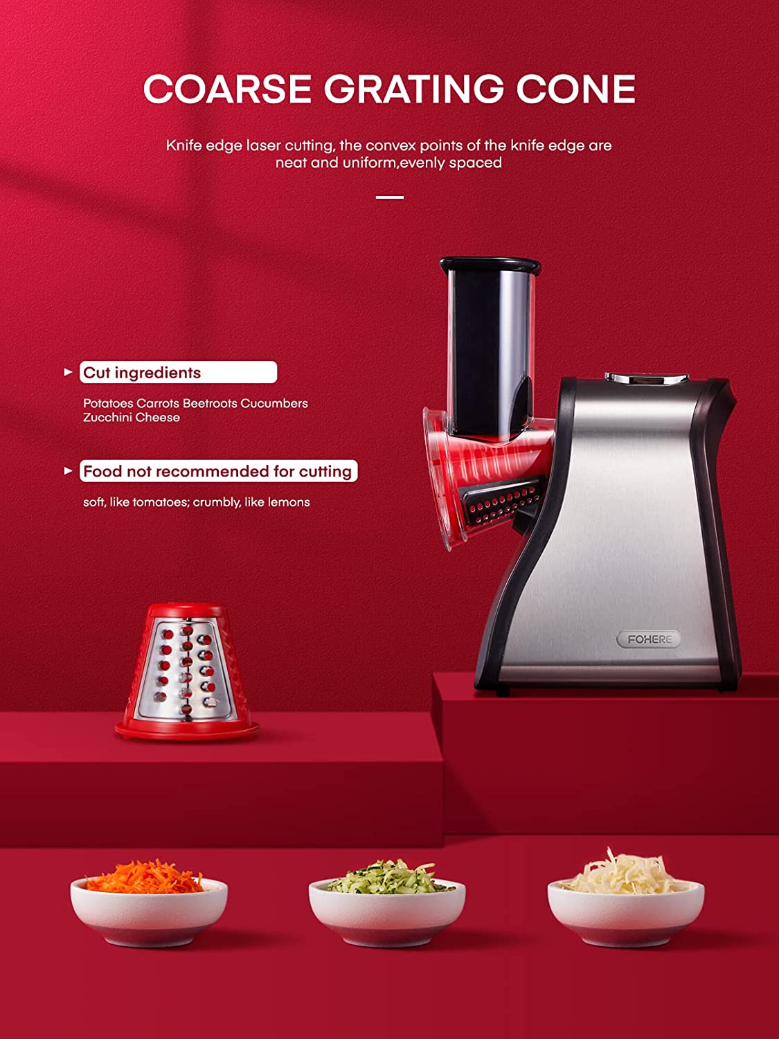 coarse grating cone, FOHERE Electric Cheese Grater Shredder, Electric Vegetable Slicer Professional Salad Shooter for Home Kitchen Use, One-Touch Easy Control, Salad Maker Machine for Vegetables, Cheeses, BPA-Free, Red