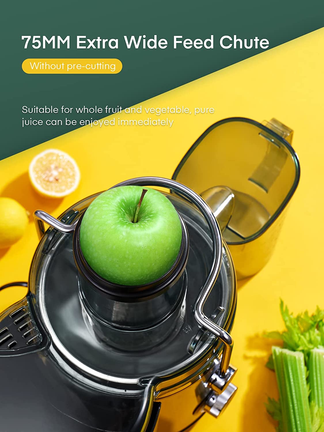 75mm extra wide feed chute, Juicer Machines, FOHERE 1000W Juicer Whole Fruit and Vegetables, Quick Juicing Easy to Clean, 75MM Large Feed Chute, Dual Speed Setting and Non-Slip Feet, Silver