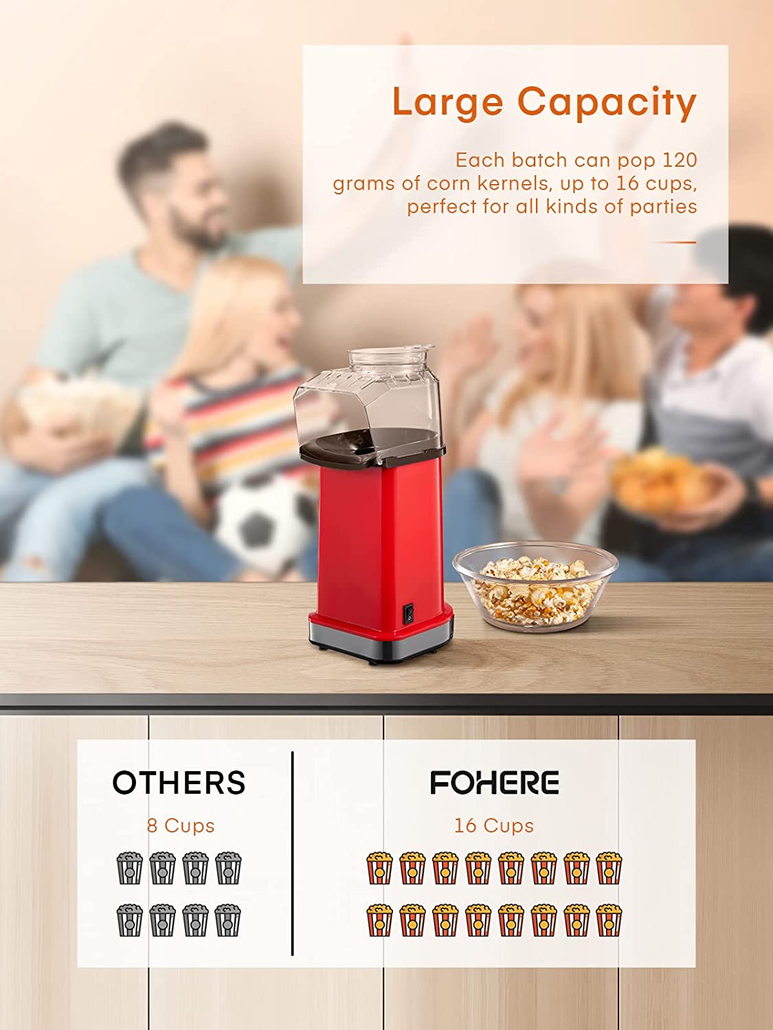 large capacity, FOHERE 1400W Hot Air Popcorn Maker, 18 Cups/4.5 Quart, Popcorn Popper with Measuring Cup, 2min Fast Popping, Electric Pop Corn Maker, Quick Snack, No Oil Needed