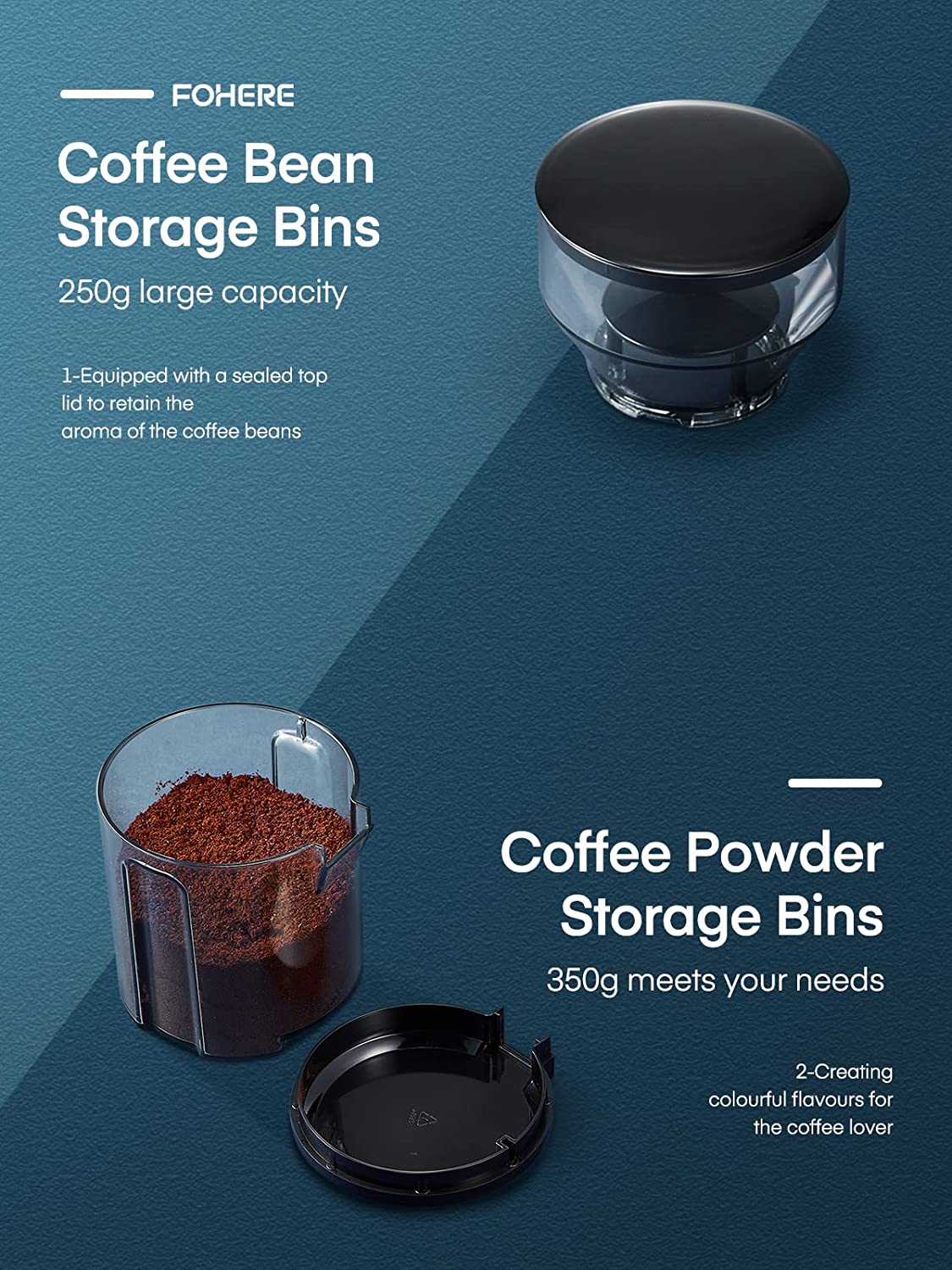 coffee bean storage bins, Coffee Grinder Electric, FOHERE Coffee Bean Grinder with 18 Precise Grind Settings, 2-14 Cup for Drip, Percolator, French Press, Espresso and Turkish Coffee Makers, Black