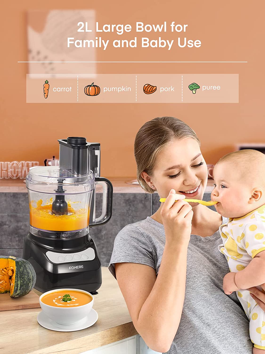 2l large bowel for family and baby use, FOHERE Food Processor, 12 Cup, 4 Functions for Chopping, Slicing, Purees & Dough, Black
