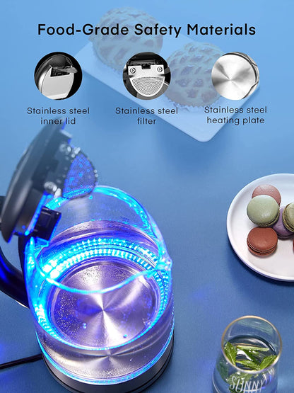 FOHERE Wasserkocher, 1,7L 1200W, Kaffee- & Teekocher, Borosilikatglas, große Öffnung, Abschaltautomatik, Cool-Touch-Griff, abnehmbarer Sockel, LED-Beleuchtung. 360°-Drehung, Trockengehschutz