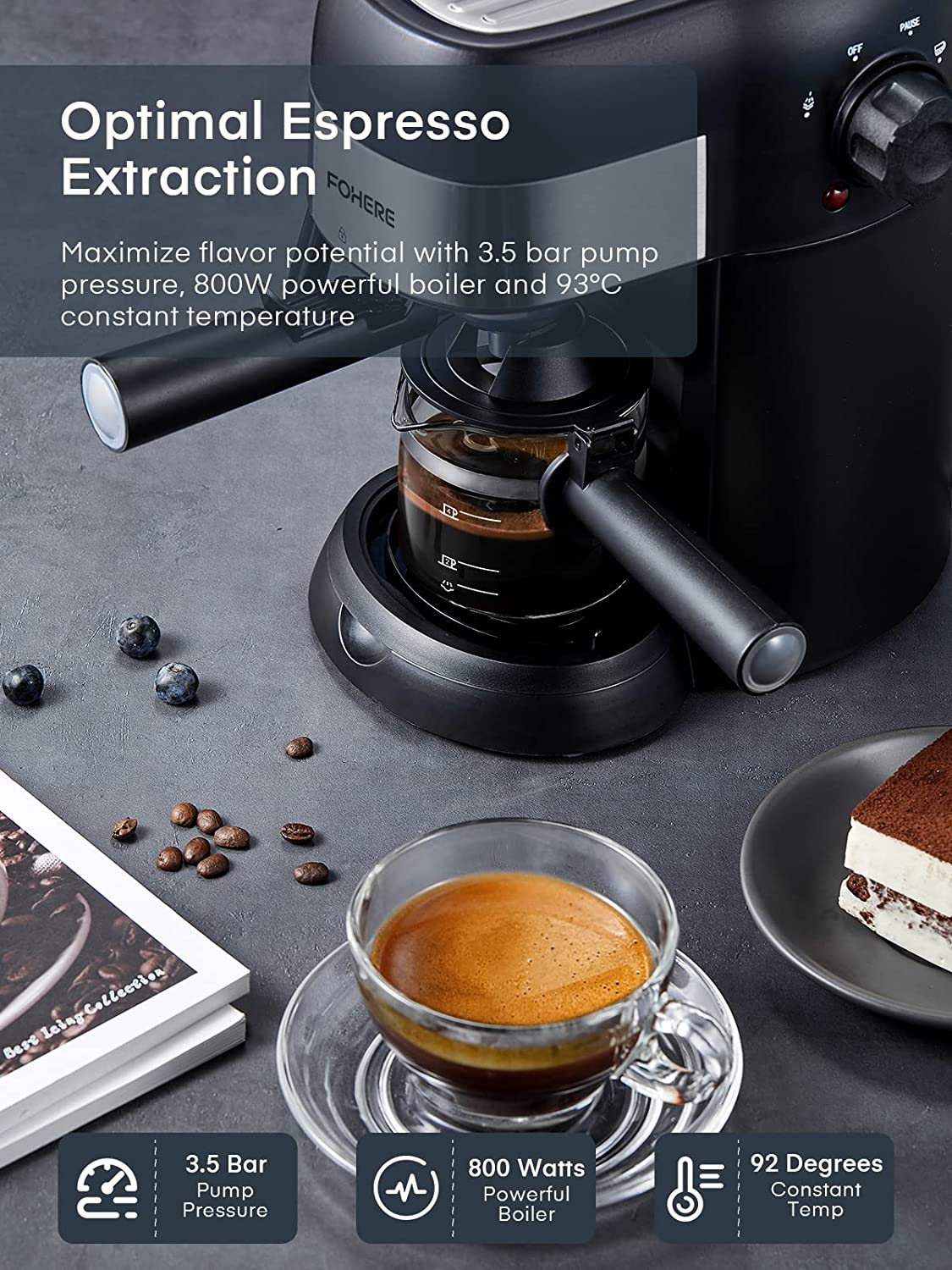 optimal espresso extraction, FOHERE Espresso Machine, 3.5 Bar 4 Cup Steam Espresso Machine, Espresso and Cappuccino Maker with Milk Frother and Carafe, Professional Compact Coffee Machine for Espresso, Cappuccino, Latte and Mocha