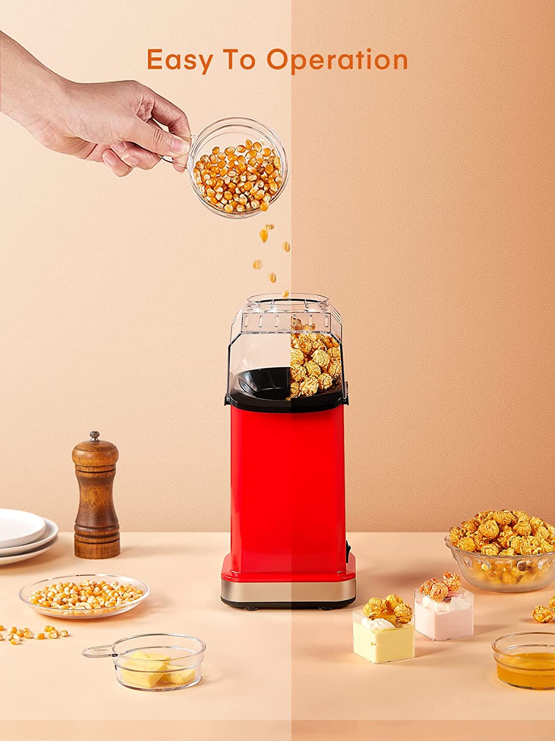 1400W Hot Air Popcorn Popper, 18cups Popcorn Maker with Measure Cup,  Fat-Free 