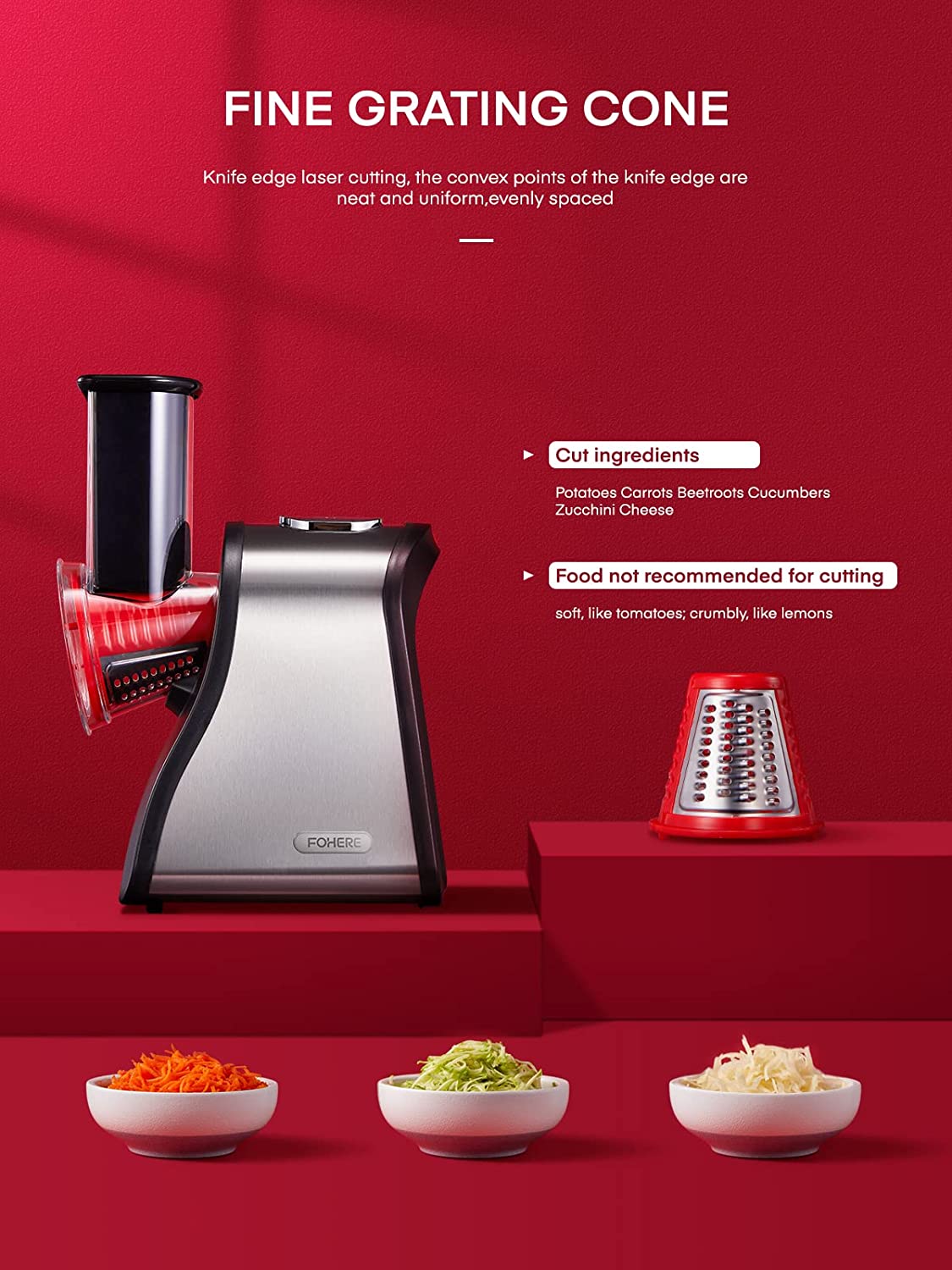 fine grating cone, FOHERE Electric Cheese Grater Shredder, Electric Vegetable Slicer Professional Salad Shooter for Home Kitchen Use, One-Touch Easy Control, Salad Maker Machine for Vegetables, Cheeses, BPA-Free, Red