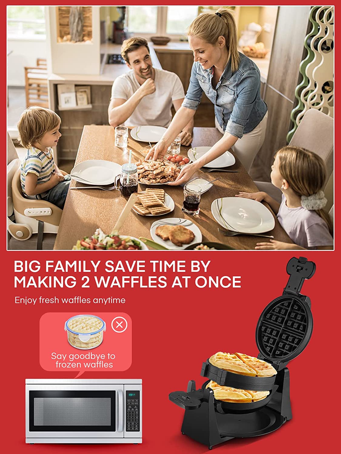big family save time by making 2 waffles at once, Waffle Maker, Belgian Waffle Maker Iron 180° Flip Double Waffle, 8 Slices, Rotating & Nonstick Plates, Removable Drip Tray, Cool Touch Handle, Black, 1400W