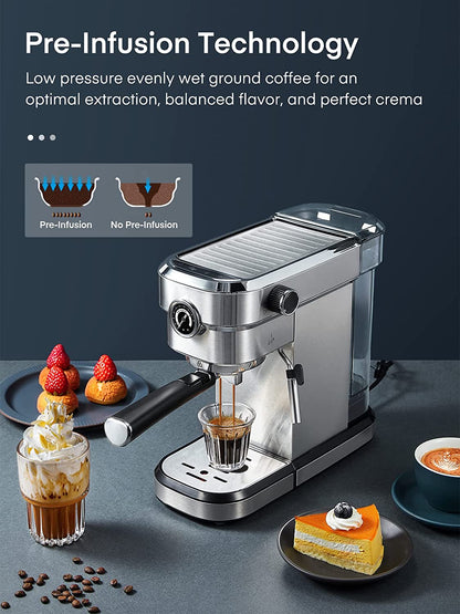 pre-infusion technology, FOHERE Espresso Machine, 15 Bar Espresso and Cappuccino Maker with Milk Frother Steam Wand, Professional Compact Coffee Machine for Espresso, Cappuccino, Latte and Mocha, Brushed Stainless Steel