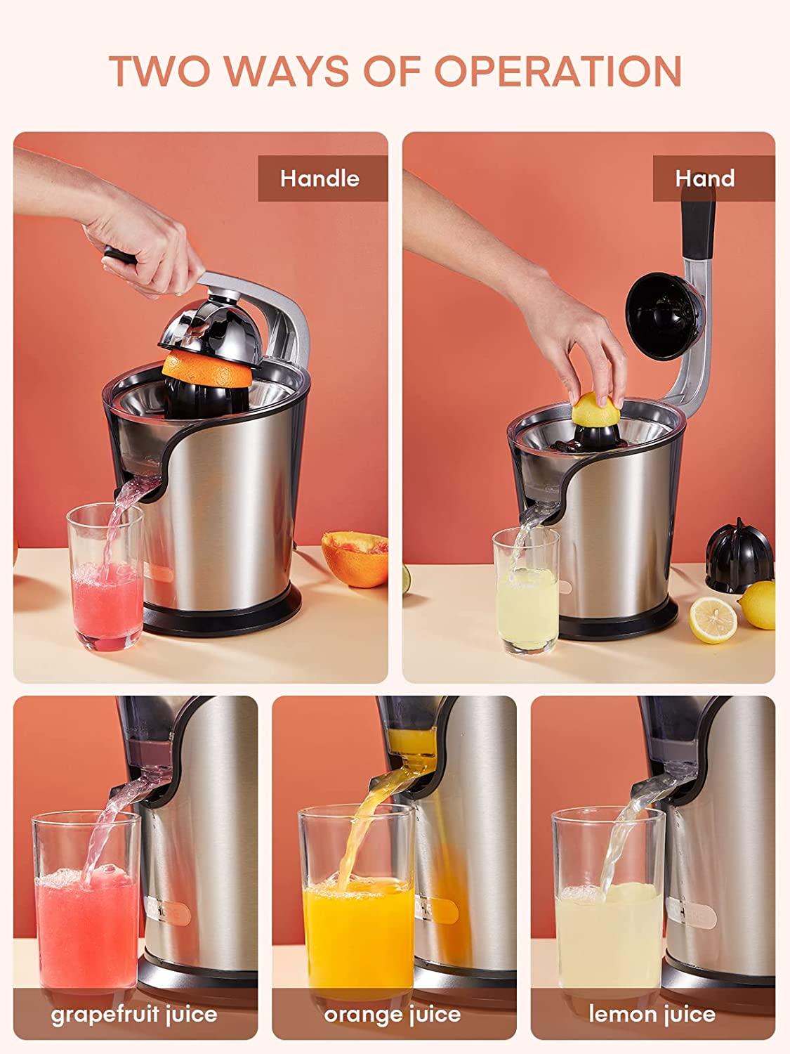 two ways of operation, FOHERE Citrus Juicer Electric Orange Juicer Squeezer with Humanized Handle, Powerful 160W Silent Motor Stainless Steel BPA-Free, Two Size Cones for Grapefruits, Orange and Lemon, Silver