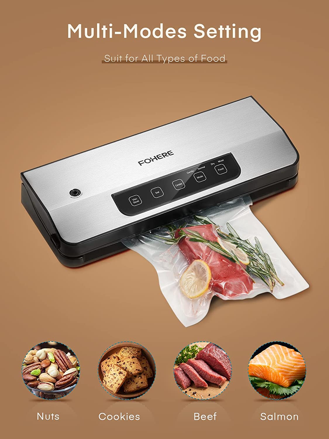 Vacuum Sealer Machine, FOHERE 70KPa Automatic Food Sealer With 2 Modes, Air Sealing System for Food Storage, External Suction Pipe for Jar Food Storage, Touch Screen, Led Indicator Lights(Silver)