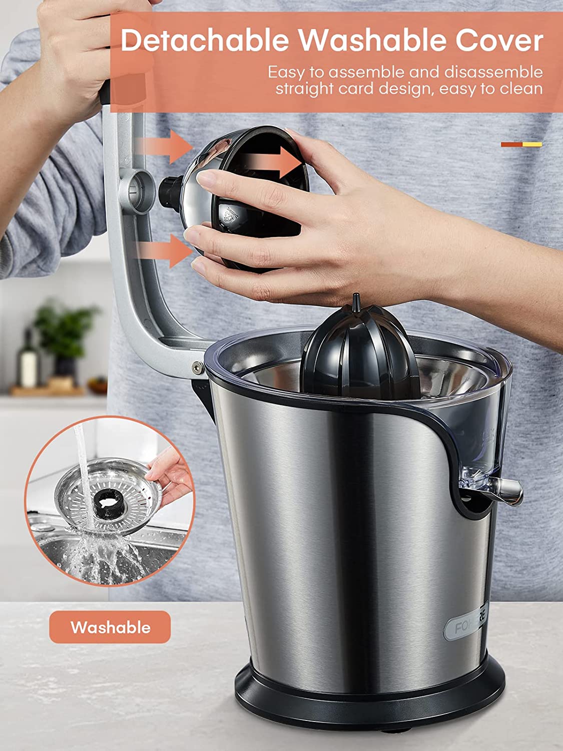 detachable washable cover, FOHERE Citrus Juicer Electric Orange Juicer Squeezer with Humanized Handle, Powerful 160W Silent Motor Stainless Steel BPA-Free, Two Size Cones for Grapefruits, Orange and Lemon, Silver
