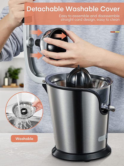 detachable washable cover, FOHERE Citrus Juicer Electric Orange Juicer Squeezer with Humanized Handle, Powerful 160W Silent Motor Stainless Steel BPA-Free, Two Size Cones for Grapefruits, Orange and Lemon, Silver