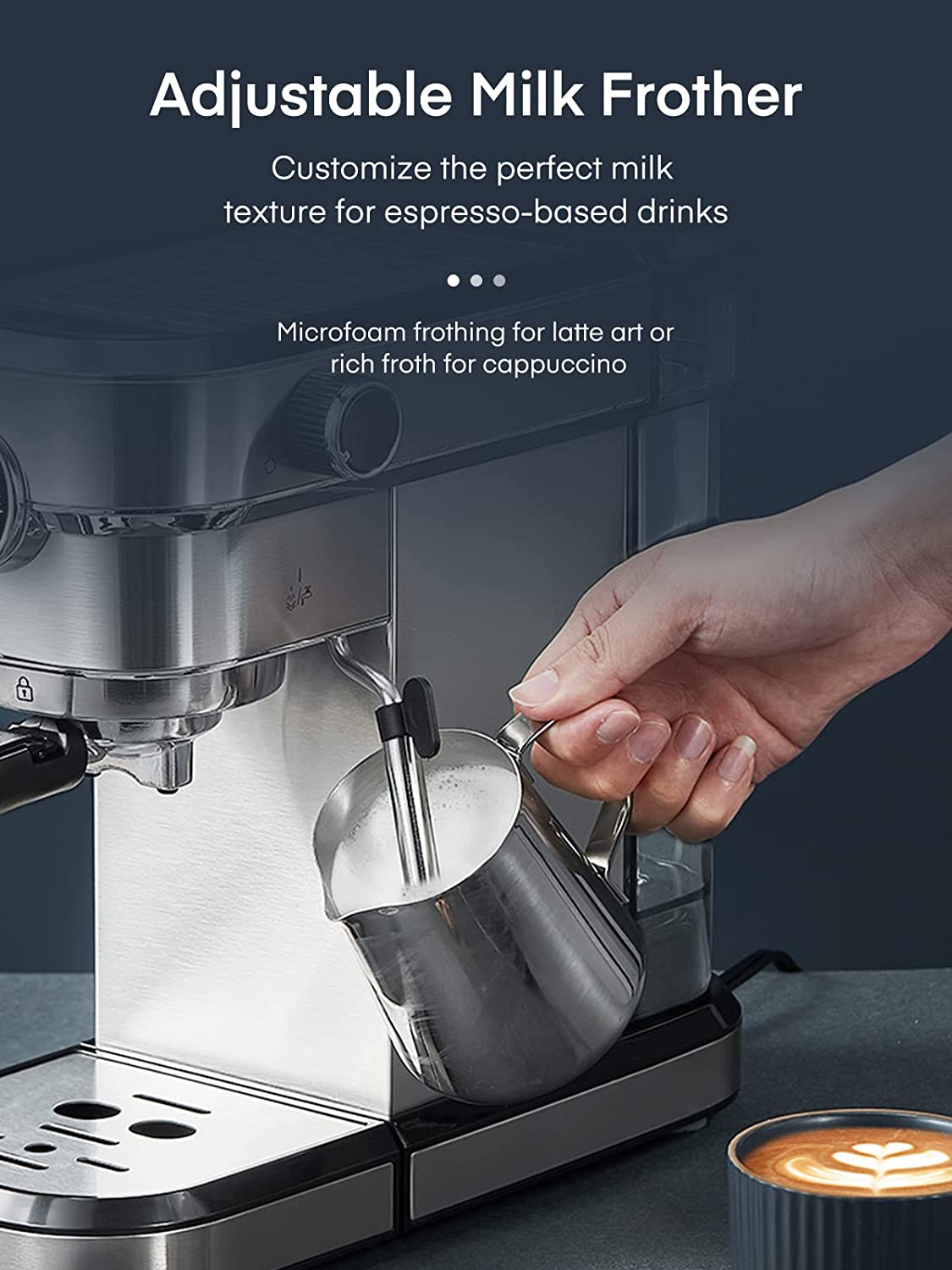 adjustable milk frother, FOHERE Espresso Machine, 15 Bar Espresso and Cappuccino Maker with Milk Frother Steam Wand, Professional Compact Coffee Machine for Espresso, Cappuccino, Latte and Mocha, Brushed Stainless Steel