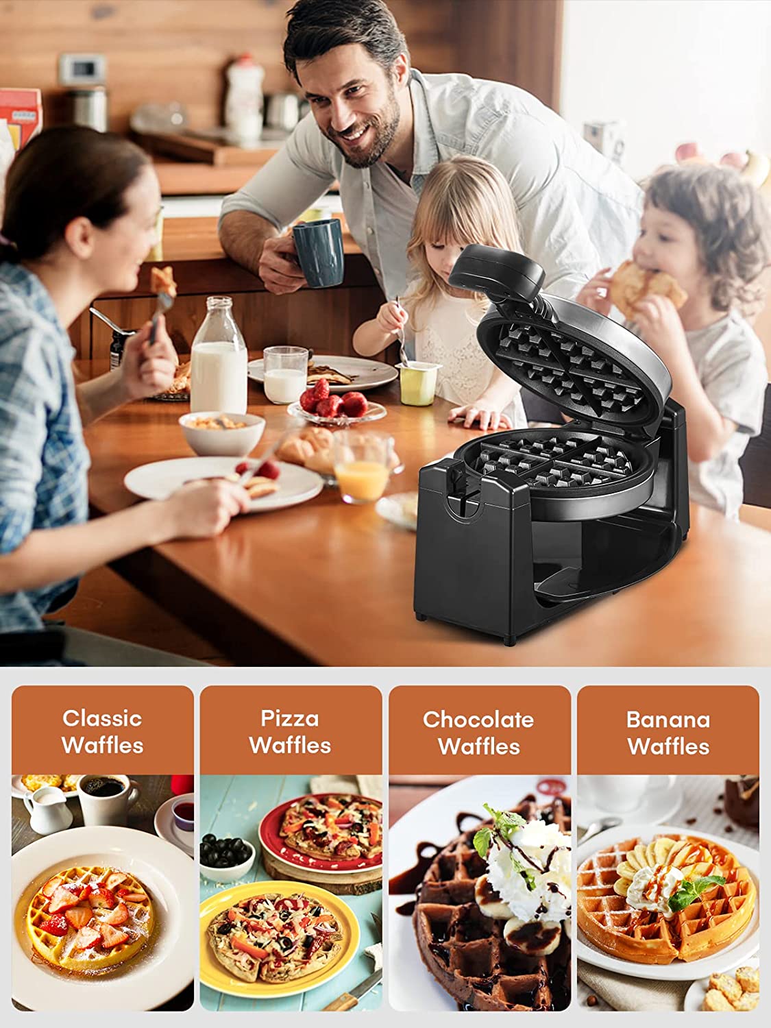 make your fav. waffles, Flip Belgian Waffle Maker, 180° Rotating Waffle Iron with Easy to Clean Non-Stick Surfaces, Classic 1" Thick Waffles, Included Recipe, Removable Drip Tray, Browning Control, 1100W, Stainless Steel