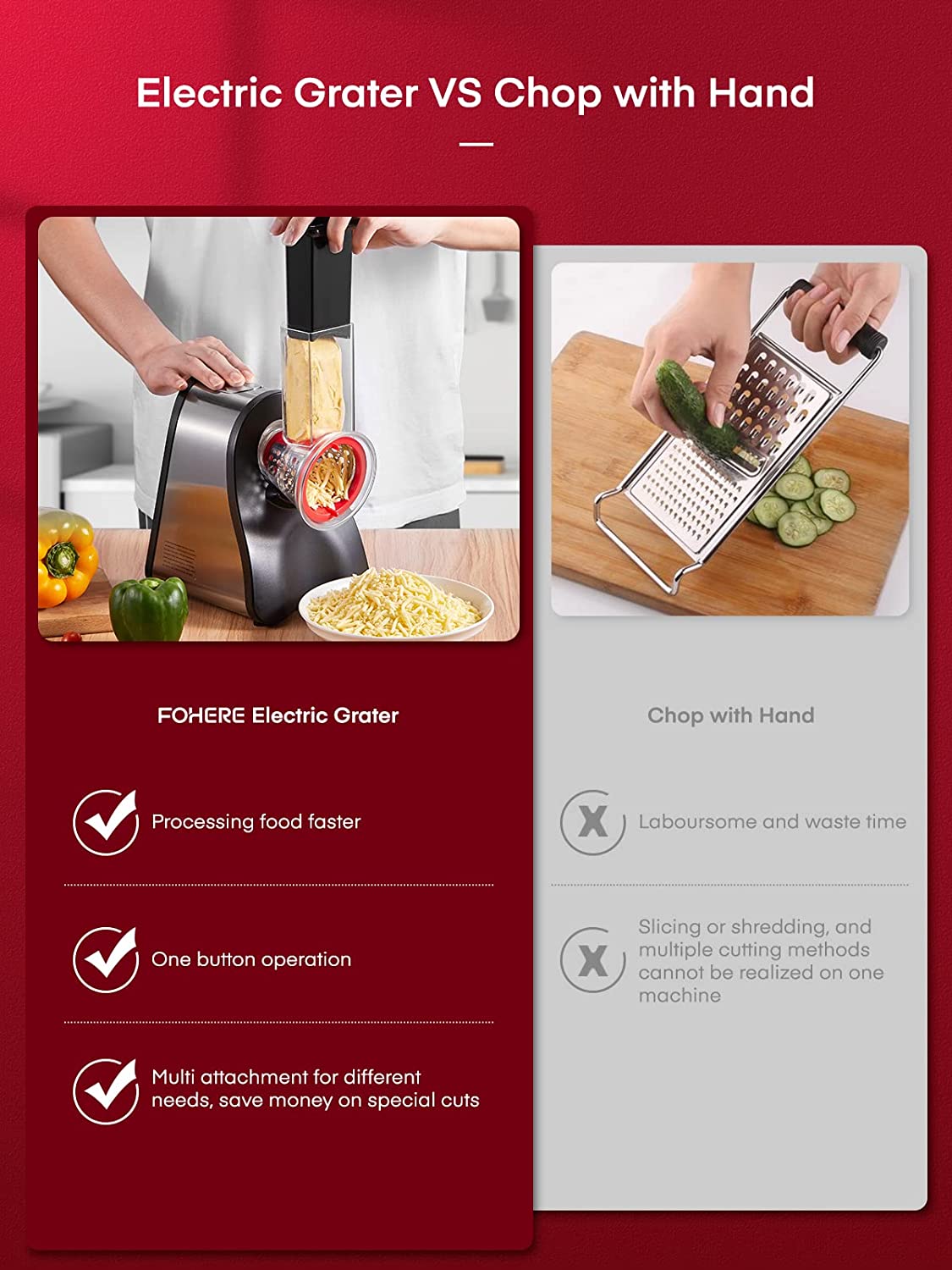 electric grater, FOHERE Electric Cheese Grater Shredder, Electric Vegetable Slicer Professional Salad Shooter for Home Kitchen Use, One-Touch Easy Control, Salad Maker Machine for Vegetables, Cheeses, BPA-Free, Red