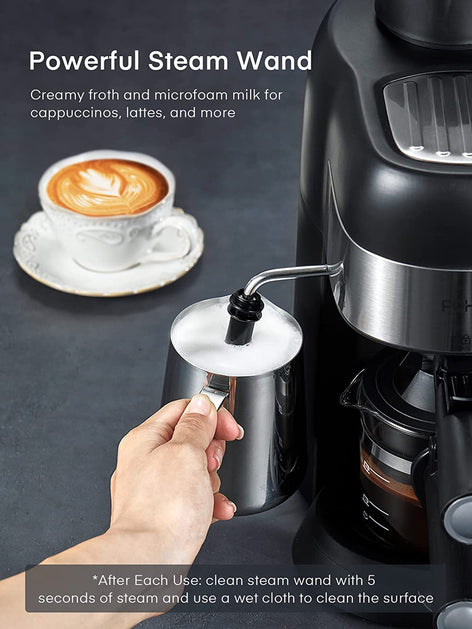 powerful steam wand, FOHERE Espresso Machine, 3.5 Bar 4 Cup Steam Espresso Machine, Espresso and Cappuccino Maker with Milk Frother and Carafe, Professional Compact Coffee Machine for Espresso, Cappuccino, Latte and Mocha