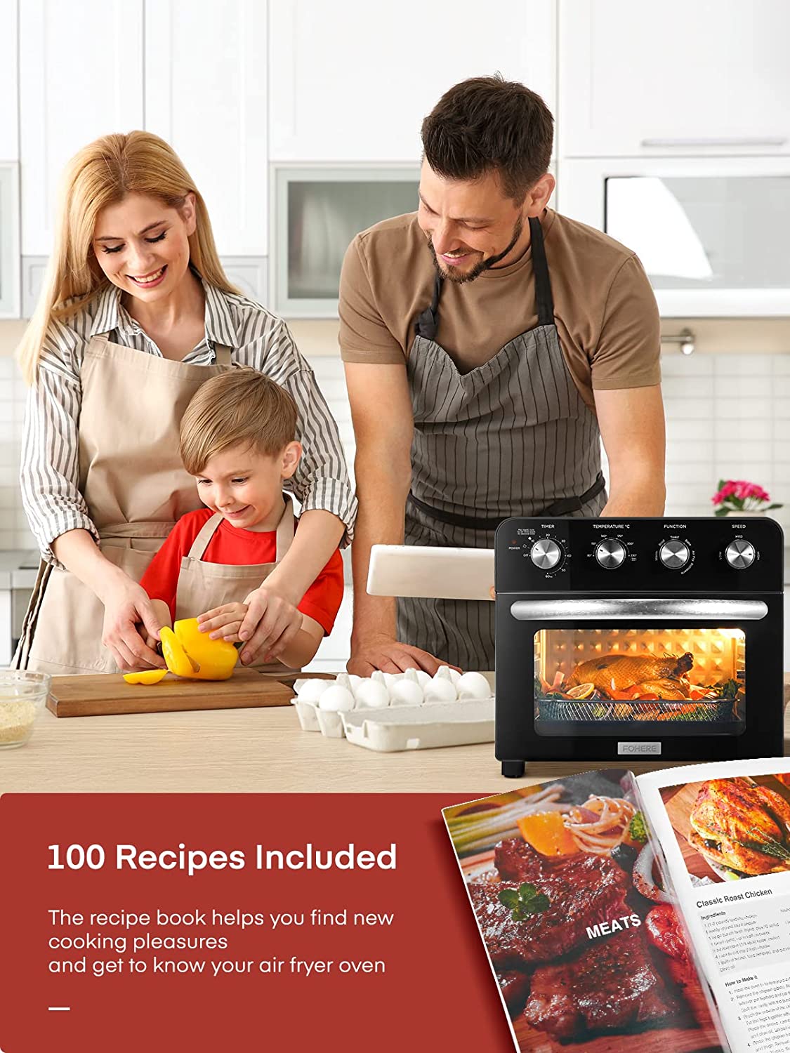 100 recipes included, FOHERE Air Fryer Oven Combo, 6 Slice 24 QT Multi-function Convection Oven, 1700W Toaster Oven for Rotisserie, Dehydrate, Air Fry, Bake & Reheat, Fry Oil-Free, Non-Stick Inner, 6 Accessories & 100 Recipes