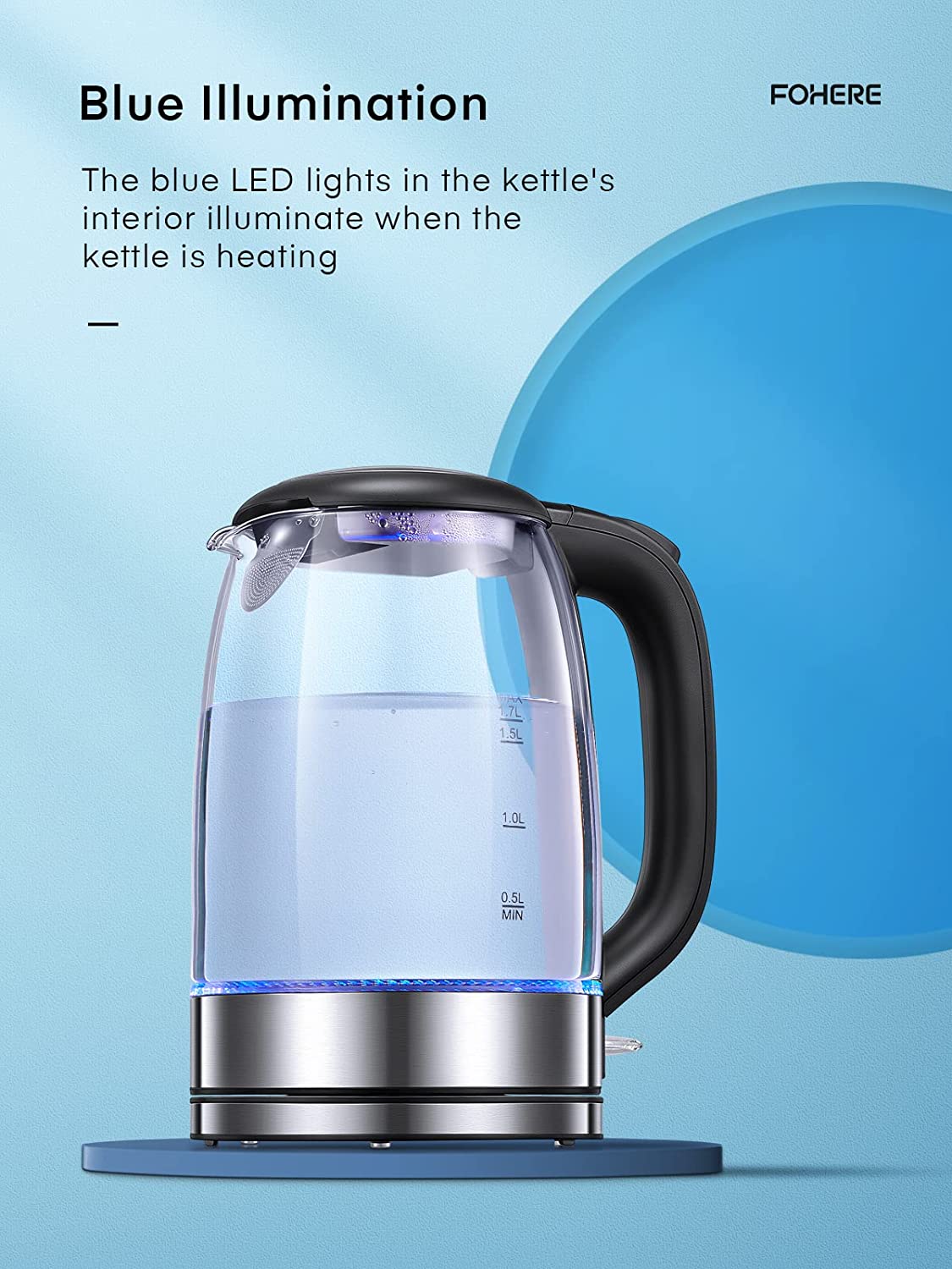 FOHERE Water Electric Kettle, 1.7L 1200W, Coffee & Tea Kettle Borosilicate Glass, Wide Opening, Auto Shut-Off, Cool Touch Handle, Base Detachable, LED Light. 360° Rotation, Boil Dry Protection