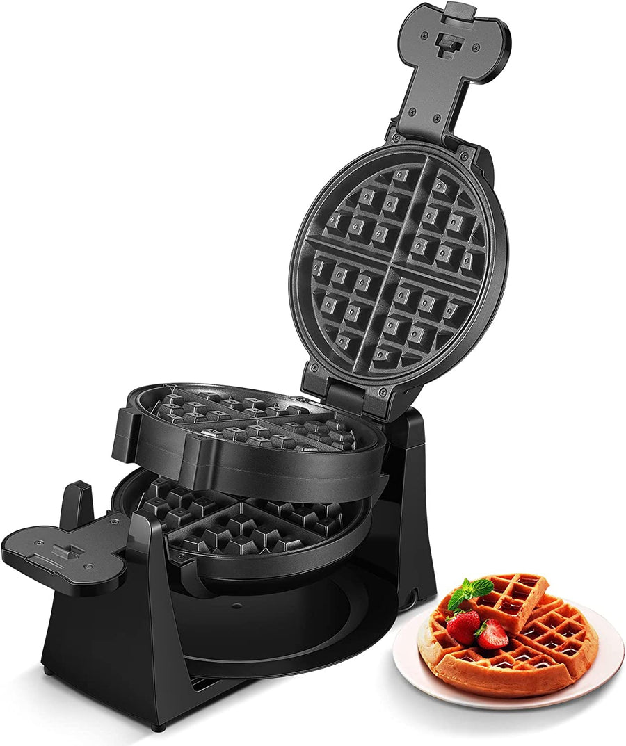 Waffle Maker, Belgian Waffle Maker Iron 180° Flip Double Waffle, 8 Slices, Rotating & Nonstick Plates, Removable Drip Tray, Cool Touch Handle, Black, 1400W