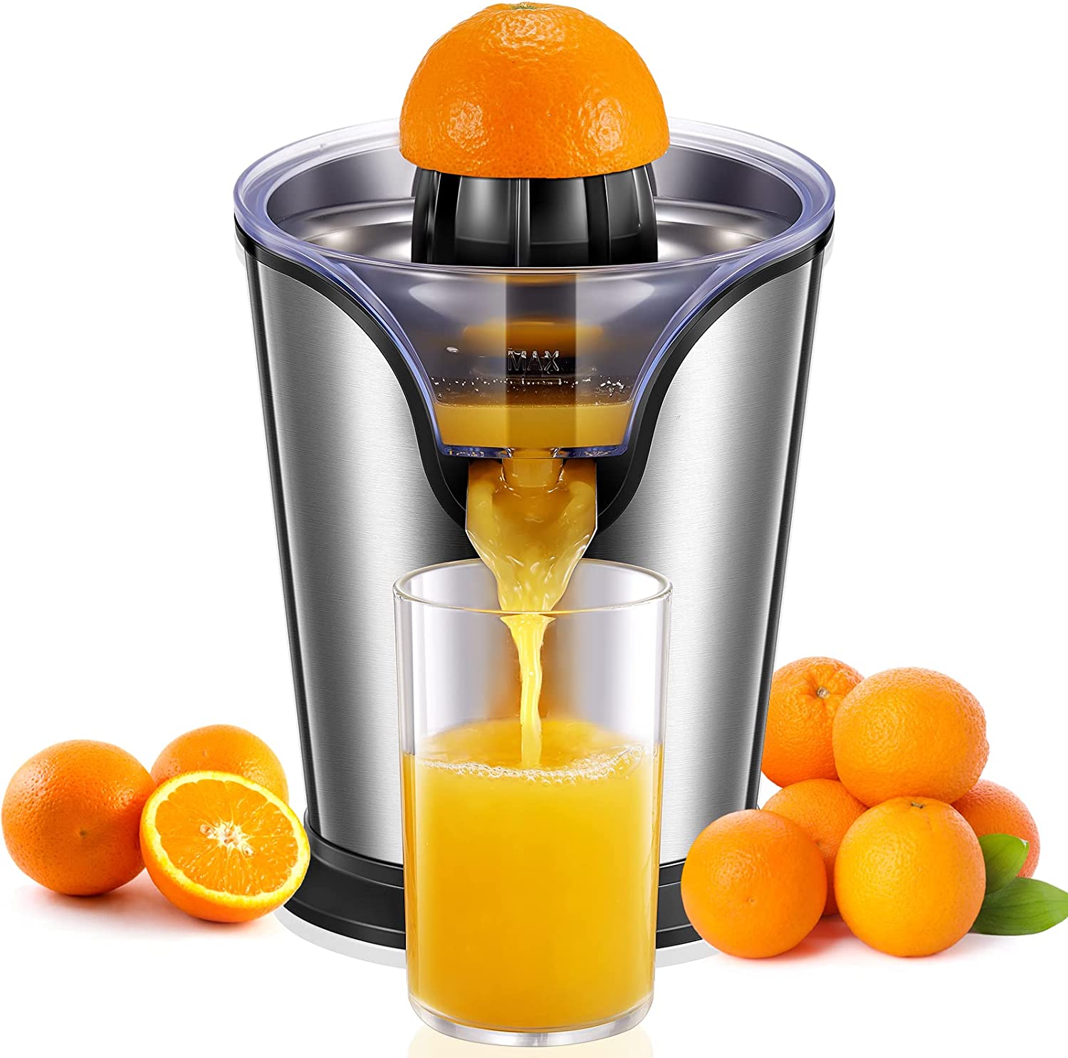 FOHERE Orange Juice Squeezer Electric Citrus Juicer with Two Interchangeable Cones Suitable for orange, lemon and Grapefruit, Brushed Stainless Steel