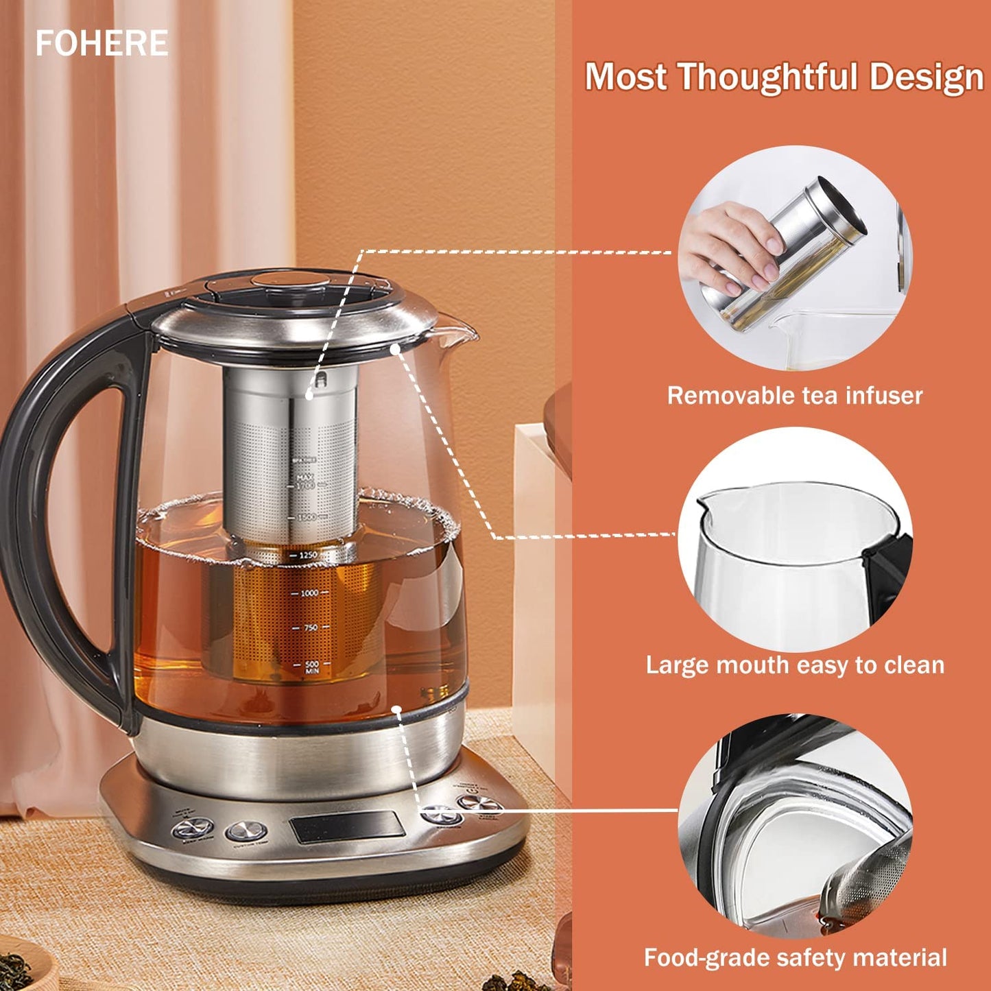 most thoughtfil design, Tea Kettle Electric, FOHERE Electric Kettle Temperature Control with 6 Presets, 2Hr Keep Warm, Removable Tea Infuser, Stainless Steel Glass Boiler, BPA Free, 1.7L