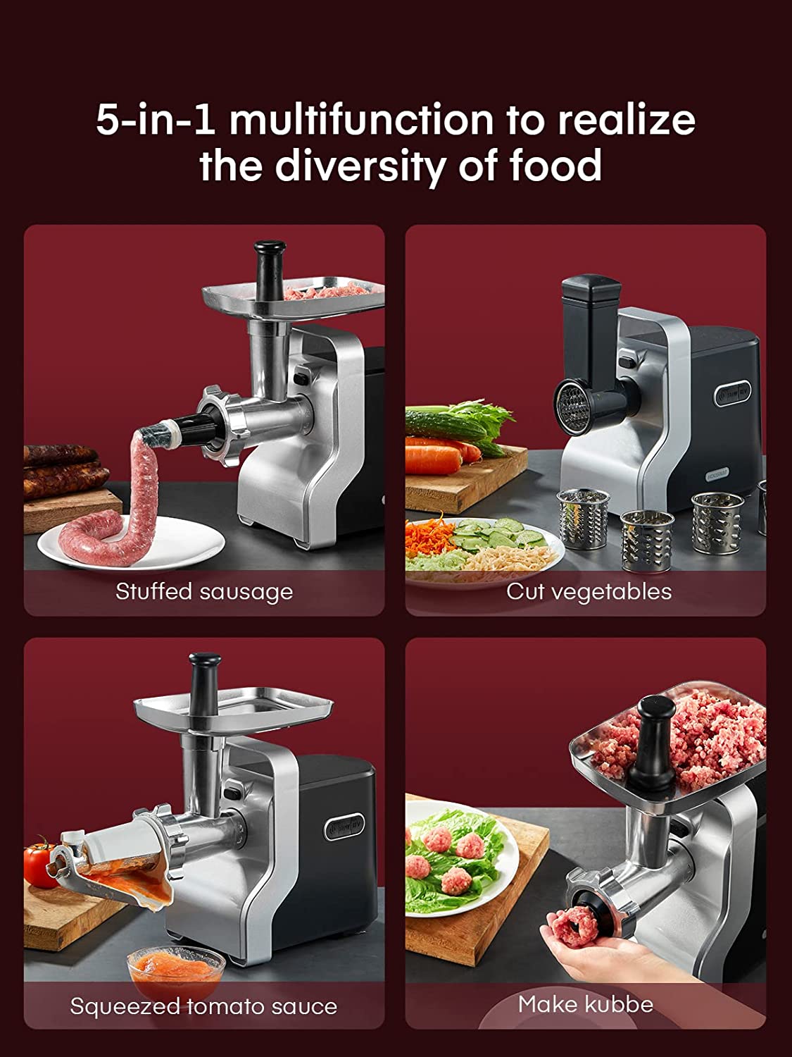 5-in-1 multifunction to releaze the diversity of food, Electric Meat Grinder Heavy Duty - 5 in 1 2500W Max Powerful Home Food Grinder - Sausage Stuffer - Slicer/Shredder/Grater - Kubbe & Tomato Juicing Kits - 3 Stainless Steel Grinding Plates - Size #12