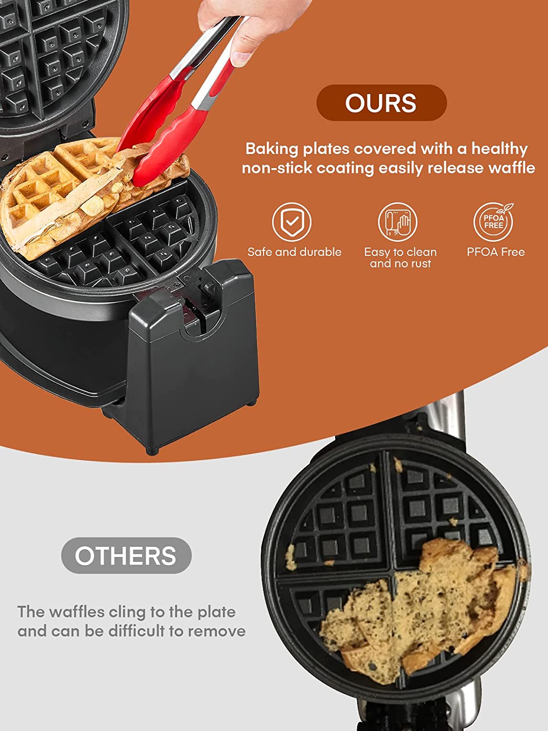 baking plates covered with a healthy non-stick coating easily release waffle, Flip Belgian Waffle Maker, 180° Rotating Waffle Iron with Easy to Clean Non-Stick Surfaces, Classic 1" Thick Waffles, Included Recipe, Removable Drip Tray, Browning Control, 1100W, Stainless Steel