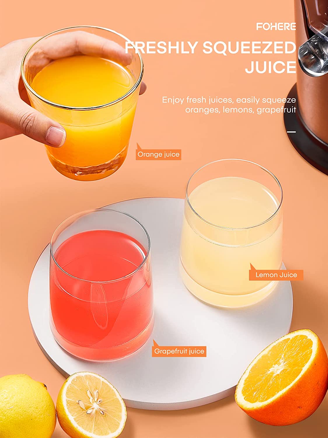 freshly squeezed juice, FOHERE Orange Juice Squeezer Electric Citrus Juicer with Two Interchangeable Cones Suitable for orange, lemon and Grapefruit, Brushed Stainless Steel