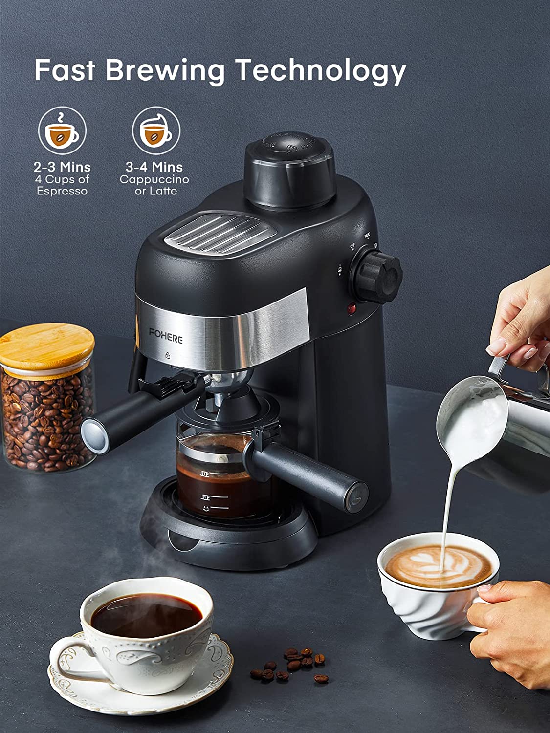 fast brewing technology, FOHERE Espresso Machine, 3.5 Bar 4 Cup Steam Espresso Machine, Espresso and Cappuccino Maker with Milk Frother and Carafe, Professional Compact Coffee Machine for Espresso, Cappuccino, Latte and Mocha