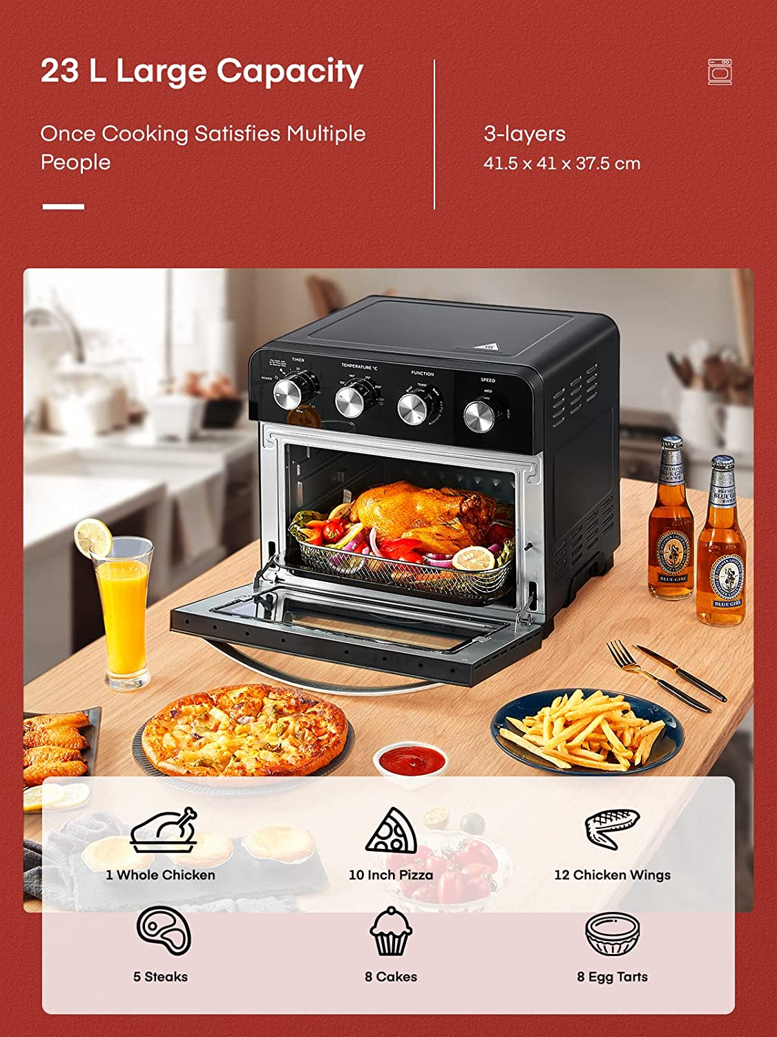 23L large capacity, FOHERE Air Fryer Oven Combo, 6 Slice 24 QT Multi-function Convection Oven, 1700W Toaster Oven for Rotisserie, Dehydrate, Air Fry, Bake & Reheat, Fry Oil-Free, Non-Stick Inner, 6 Accessories & 100 Recipes