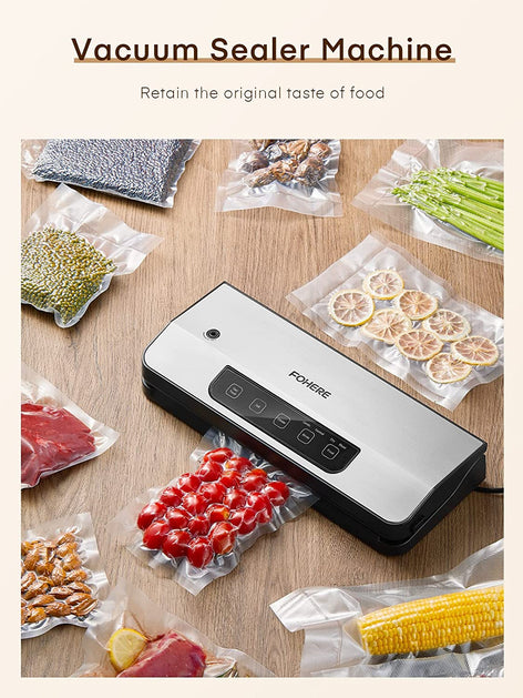 Vacuum Sealer Machine, FOHERE 70KPa Automatic Food Sealer With 2 Modes, Air Sealing System for Food Storage, External Suction Pipe for Jar Food Storage, Touch Screen, Led Indicator Lights(Silver)