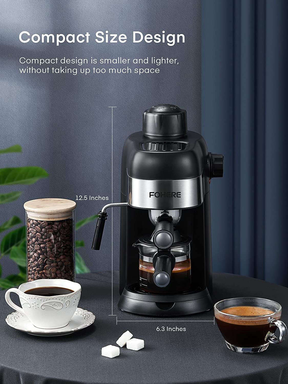 compact size design, FOHERE Espresso Machine, 3.5 Bar 4 Cup Steam Espresso Machine, Espresso and Cappuccino Maker with Milk Frother and Carafe, Professional Compact Coffee Machine for Espresso, Cappuccino, Latte and Mocha