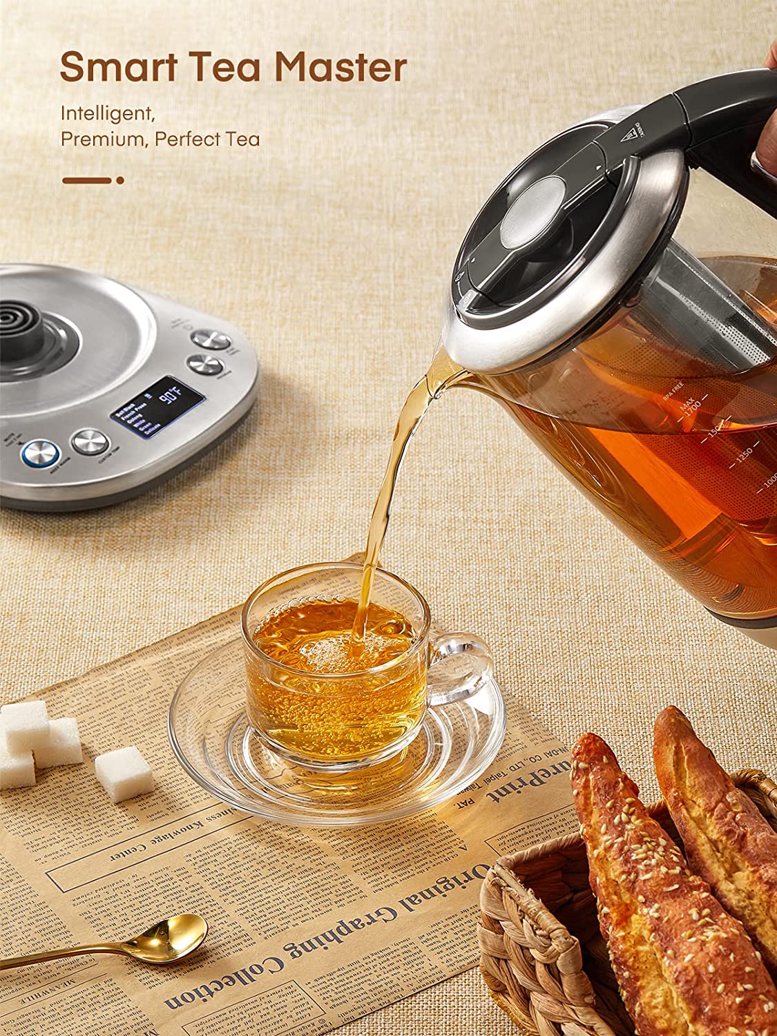 smart tea master, Tea Kettle Electric, FOHERE Electric Kettle Temperature Control with 6 Presets, 2Hr Keep Warm, Removable Tea Infuser, Stainless Steel Glass Boiler, BPA Free, 1.7L