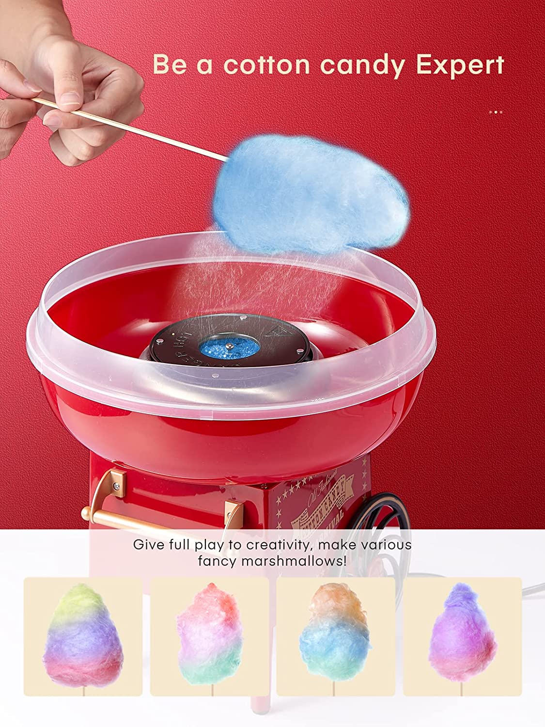 be a cotton floss expert, FOHERE Cotton Candy Machine for Kids, Nostalgia Cotton Candy Maker Include Sugar Scoop and 10 Cones, Homemade Sweets for Birthday Parties, Children's Day, Christmas Day and Wedding