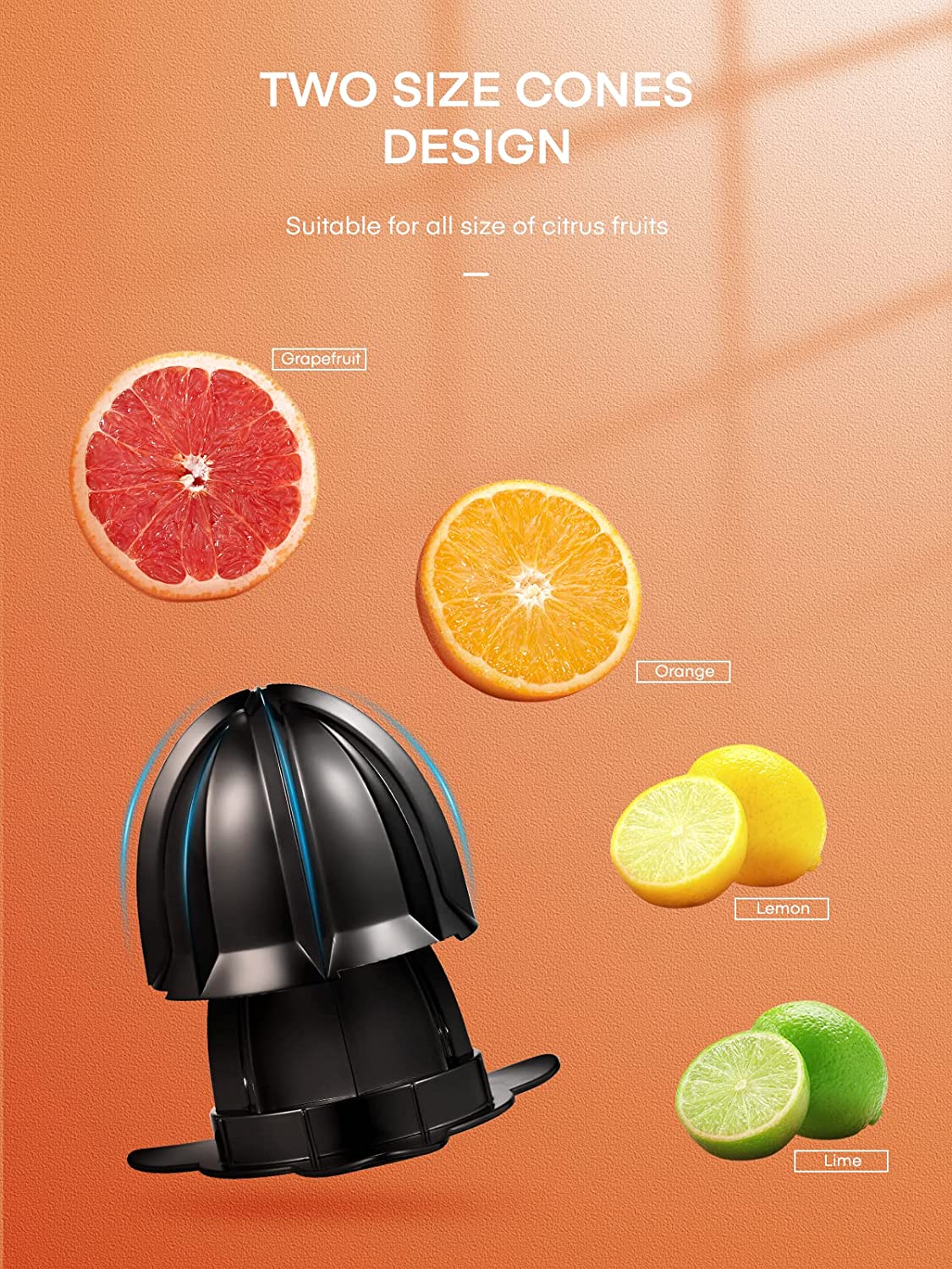 two size cones design, FOHERE Orange Juice Squeezer Electric Citrus Juicer with Two Interchangeable Cones Suitable for orange, lemon and Grapefruit, Brushed Stainless Steel