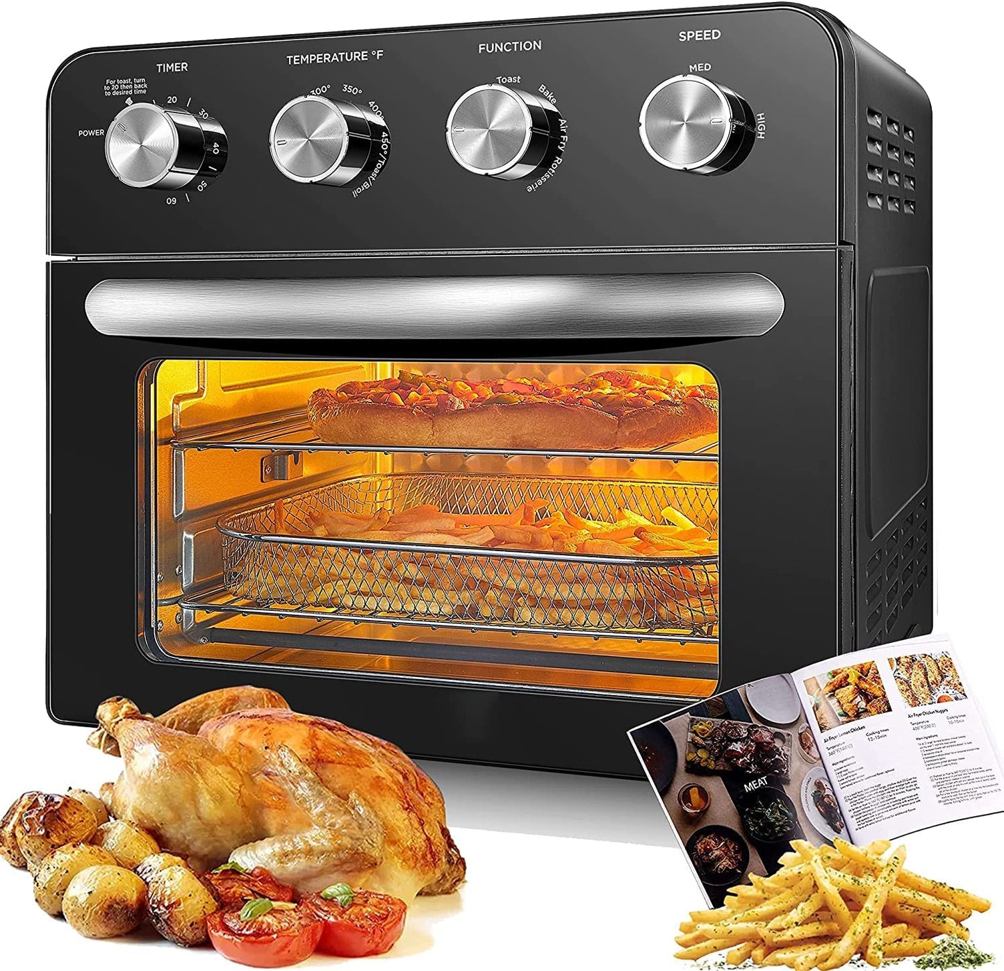 FOHERE Air Fryer Oven Combo, 6 Slice 24 QT Multi-function Convection Oven, 1700W Toaster Oven for Rotisserie, Dehydrate, Air Fry, Bake & Reheat, Fry Oil-Free, Non-Stick Inner, 6 Accessories & 100 Recipes