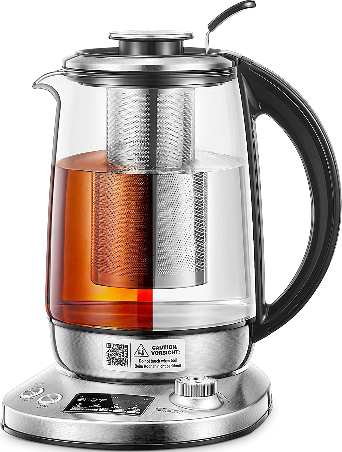 Electric Kettle, FOHERE Electric Tea Kettle with 9 Presets, 1.7 Liter Tea Maker with Removable Infuser, 140℉ to 212℉ Precise Temperature Control, 1200W, Borosilicate Glass | Stainless Steel