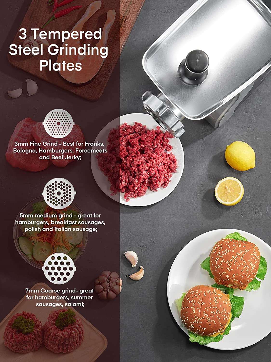 3 tempered steel grinding plates, Electric Meat Grinder Heavy Duty - 5 in 1 2500W Max Powerful Home Food Grinder - Sausage Stuffer - Slicer/Shredder/Grater - Kubbe & Tomato Juicing Kits - 3 Stainless Steel Grinding Plates - Size #12