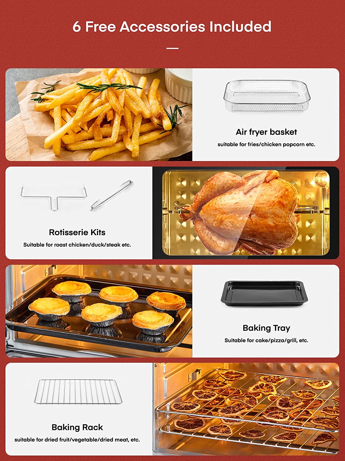 6 free accessories included, FOHERE Air Fryer Oven Combo, 6 Slice 24 QT Multi-function Convection Oven, 1700W Toaster Oven for Rotisserie, Dehydrate, Air Fry, Bake & Reheat, Fry Oil-Free, Non-Stick Inner, 6 Accessories & 100 Recipes