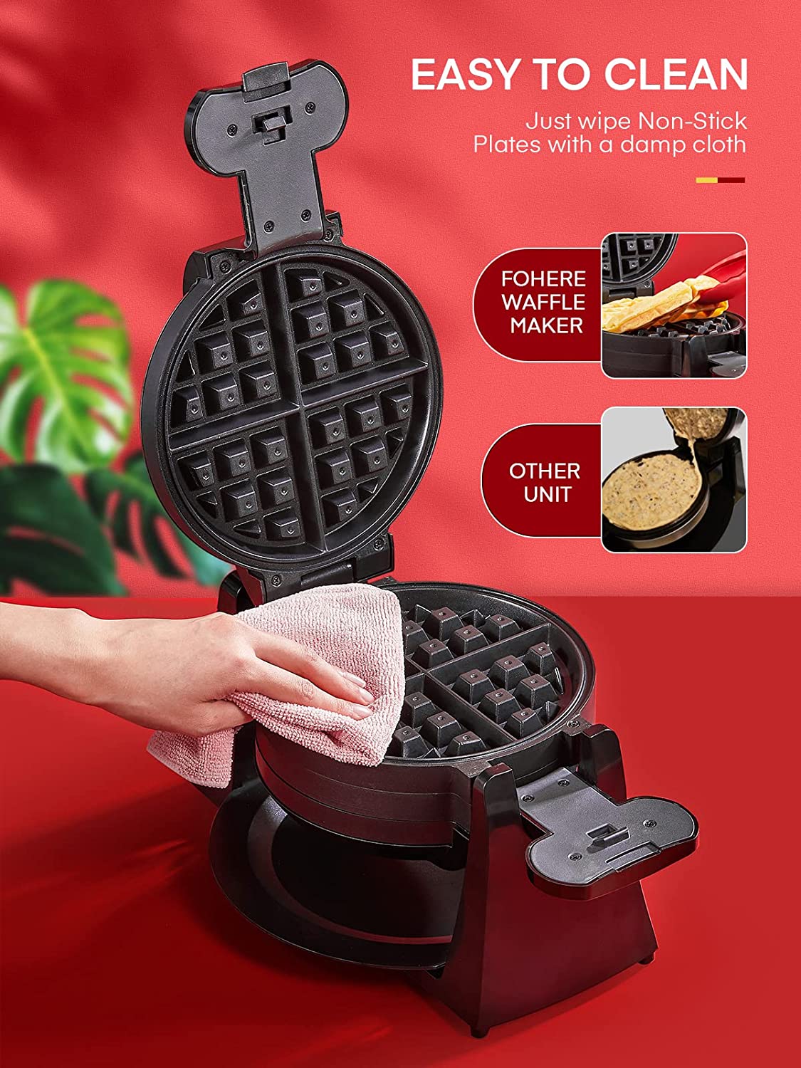 easy to clean, Waffle Maker, Belgian Waffle Maker Iron 180° Flip Double Waffle, 8 Slices, Rotating & Nonstick Plates, Removable Drip Tray, Cool Touch Handle, Black, 1400W