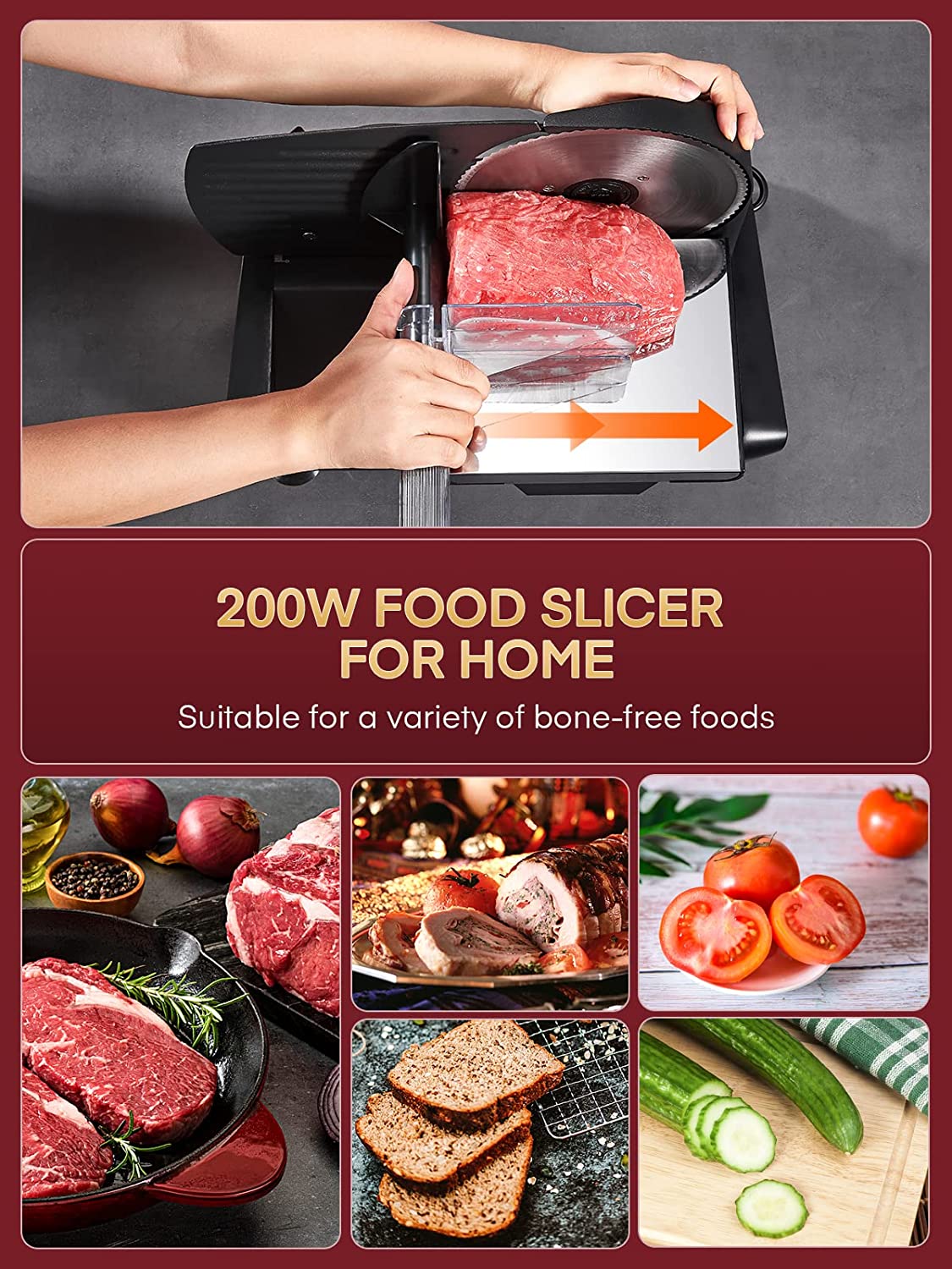 200w food slicer for home, Meat Slicer 200 Watt for Home Use, Electric Food Slicer with “Two” Upgrade 7.5" Sharp Stainless Steel Blade(Serrated + Smooth) & 0-15mm Precise Thickness Cut Deli Food, Meat, Bread, Fruit, Vegetable