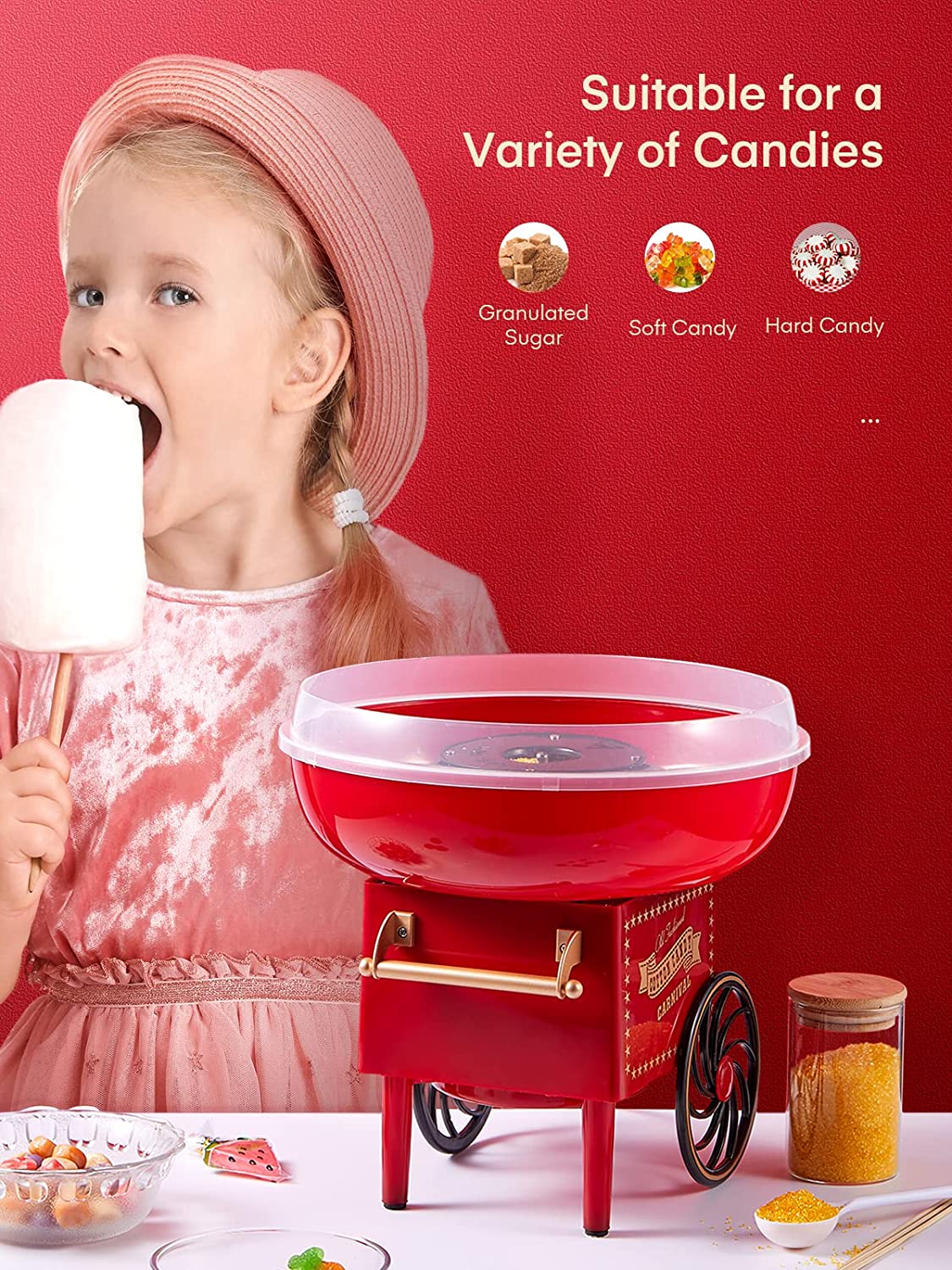 suitable for a variety of candies, FOHERE Cotton Candy Machine for Kids, Nostalgia Cotton Candy Maker Include Sugar Scoop and 10 Cones, Homemade Sweets for Birthday Parties, Children's Day, Christmas Day and Wedding