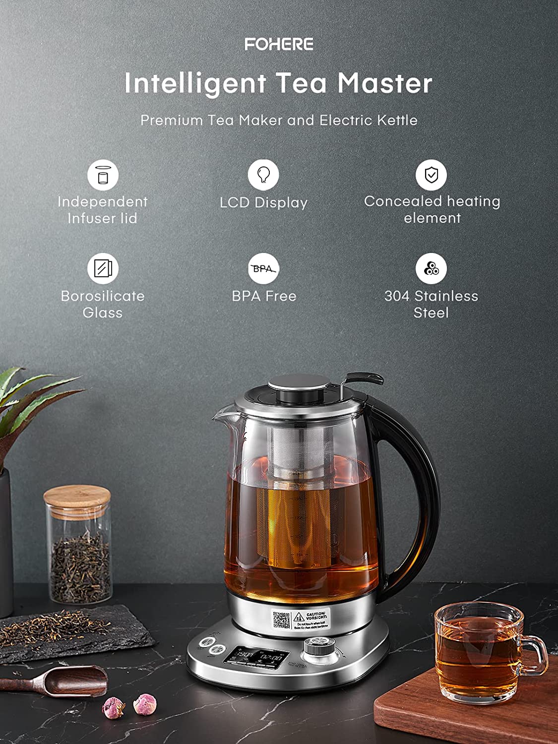 intelligent tea master, Electric Kettle, FOHERE Electric Tea Kettle with 9 Presets, 1.7 Liter Tea Maker with Removable Infuser, 140℉ to 212℉ Precise Temperature Control, 1200W, Borosilicate Glass | Stainless Steel