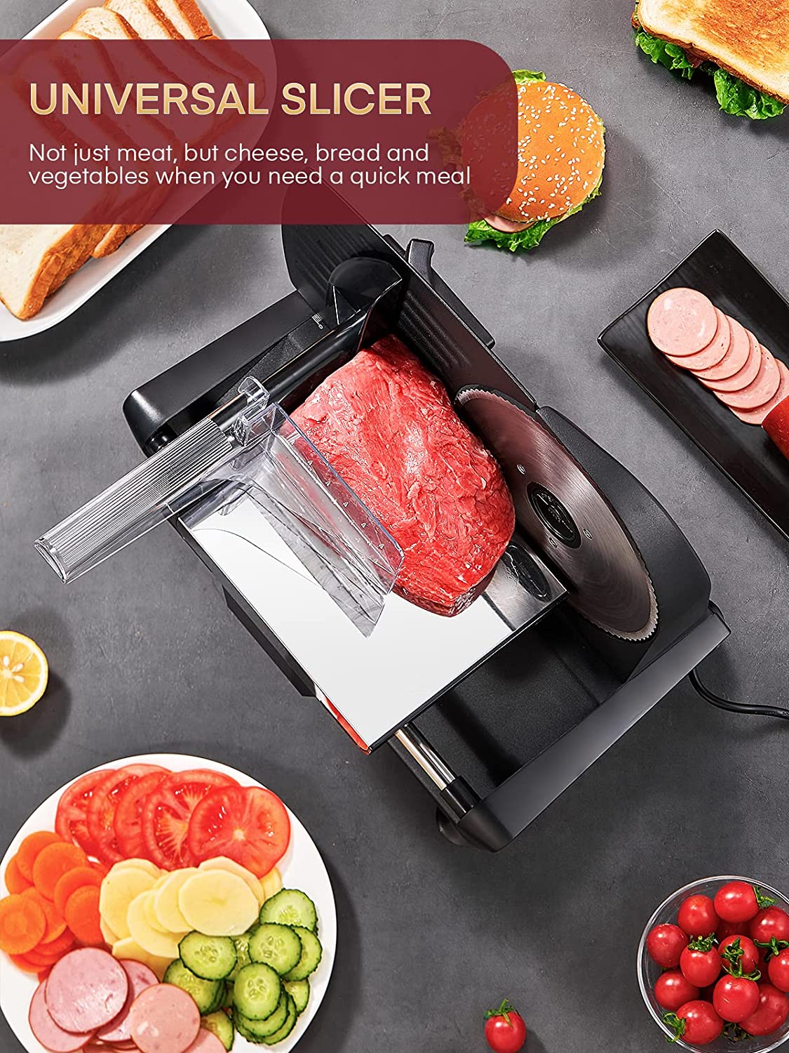 universal slicer, Meat Slicer 200 Watt for Home Use, Electric Food Slicer with “Two” Upgrade 7.5" Sharp Stainless Steel Blade(Serrated + Smooth) & 0-15mm Precise Thickness Cut Deli Food, Meat, Bread, Fruit, Vegetable